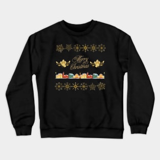 Merry Christmas Gold Theme Village with Snowflakes and Bells Crewneck Sweatshirt